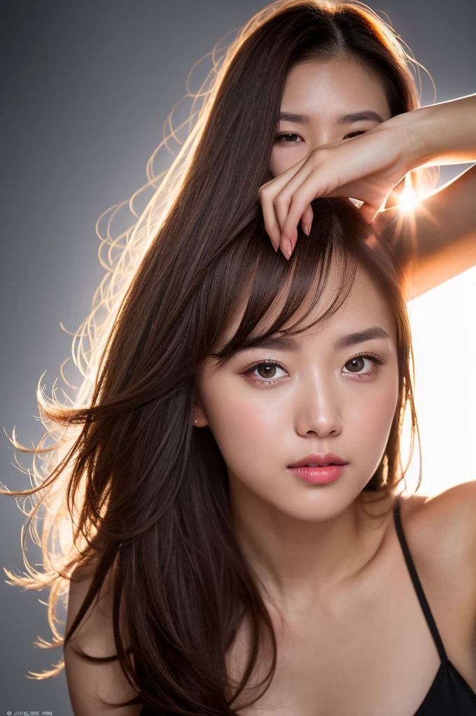 You are a talented professional glamour photographer.(8K, RAW Photos, Highest quality, masterpiece), One girl, alone,Healthy Body、Idol、Curvaceous、Three-dimensional background、Well-groomed face、See who's watching、Very short hair、A light smile、Spread your legs、Fitted dress with zipper、