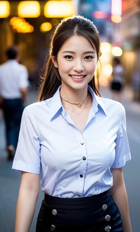 (A gorgeous Japanese office lady, age 28, wearing formal office attire, short-sleeve white shirt with collar and buttons, grey pencil mini-skirt, walking in town at midnight, friendly and kind expression, gentle smile, dimpled chin, cute snaggle-tooth, short hair ponytail, symmetrical face, beautiful detailed face, bright_and_full_of_warmth_eyes, detailed eyes, ample round bosom, photorealistic, hyper-realism, high contrast, ultra HD, realistic skin textures, top image quality, top-quality, super high resolution, fine details, very meticulously, masterpiece, head to knees, the Cowboy shot, romantic atmosphere, bokeh night background)