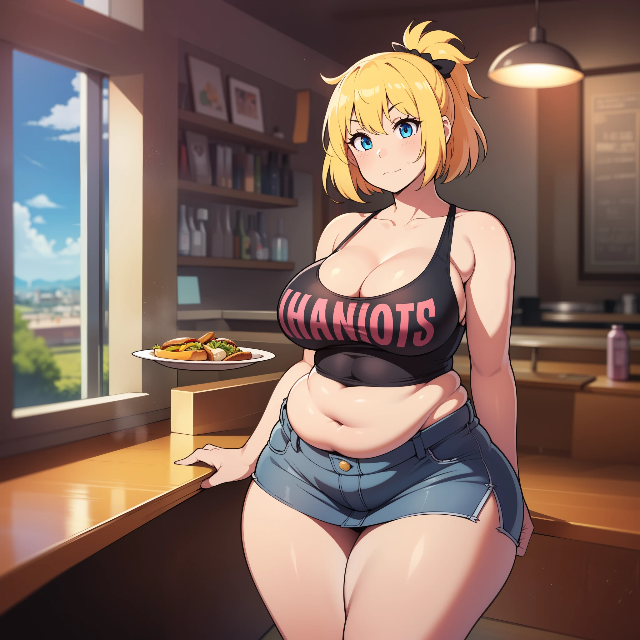 ((highres)), Masterpiece, high quality, best quality, beautiful, perfect lighting, detailed face, ultra cute face, full body, (cowboy shot), ((1girl)), ((solo)), skindentation, messy blonde hair, blue eyes, short skirt, tank top, thighs clothes, full body, standing in a fast food restaurant, table full of food, intricate background, large breasts, perky breasts, cleavage, ((wide hips)), ((thick thighs)), ((plump)), pudgy belly, fat folds, belly hang,