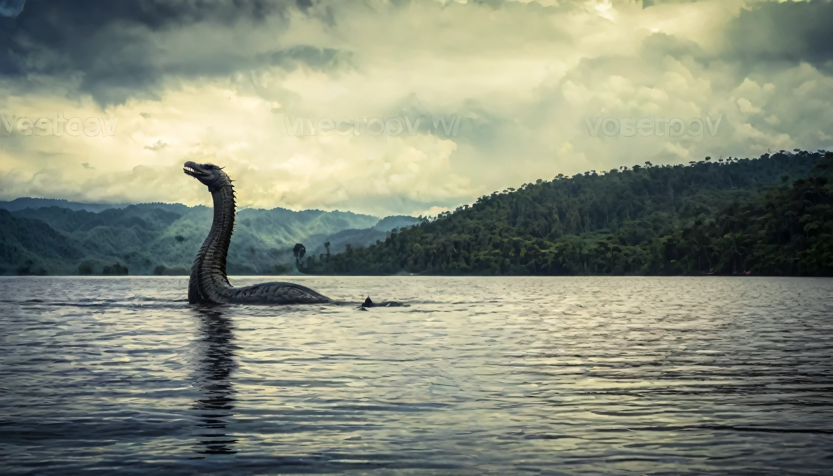 lake monster swimming in a lake with Borneo jungle and mountains in the background, Malaysia jungle and mountains, remove watermark, Loch Ness monster, nature photo, landscape photo, tourist photo, museum-quality photo, very beautiful photo, guardian of the holy lake, very accurate photo, very sharp photo, award winning masterpiece photo, mid shot photo, beautiful photo, wildlife photo, very known photo, ebay photo, atmospheric photo