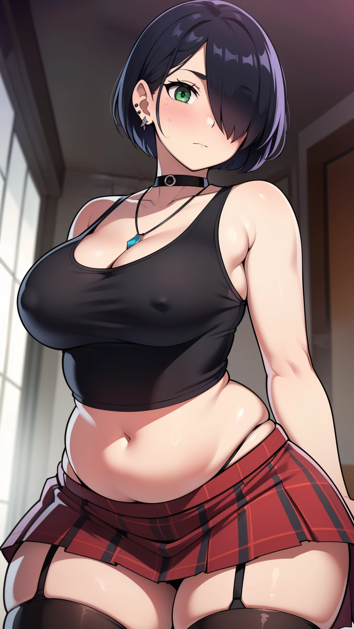((Masterpiece)), perfect anatomy, perfect shading, field of depth, (best quality), extremely delicate and beautiful, perfect lighting, detailed face, ultra cute face, cute, (cowboy shot 1.2), looking at viewer, (((1girl))), (((solo))), goth girl
Short hair, black hair, (hair over one eye), pale skin, green eyes, eye liner, ear piercing, choker, necklace, ((blush)), shy, nervous, (black tank top 1.5), (plaid short sectioned skirt 1.5), thigh highs, medium breasts, cleavage, ((wide hips)), (((thick thighs))), (chubby), chubby belly,
park, intricate background, detailed background, arms behind back,
