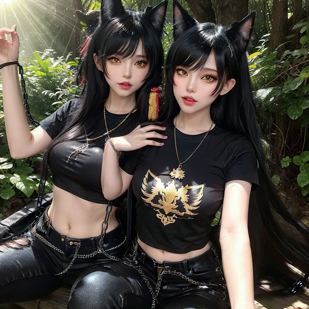 forest, catgirl, black cropped t-shirt adorned with medals and chains, black jeans adorned with chains and patches, beams of sunlight shining through the canopy, yellow eyes, calico fur, beautifully lit, insanely detailed, stunning environment