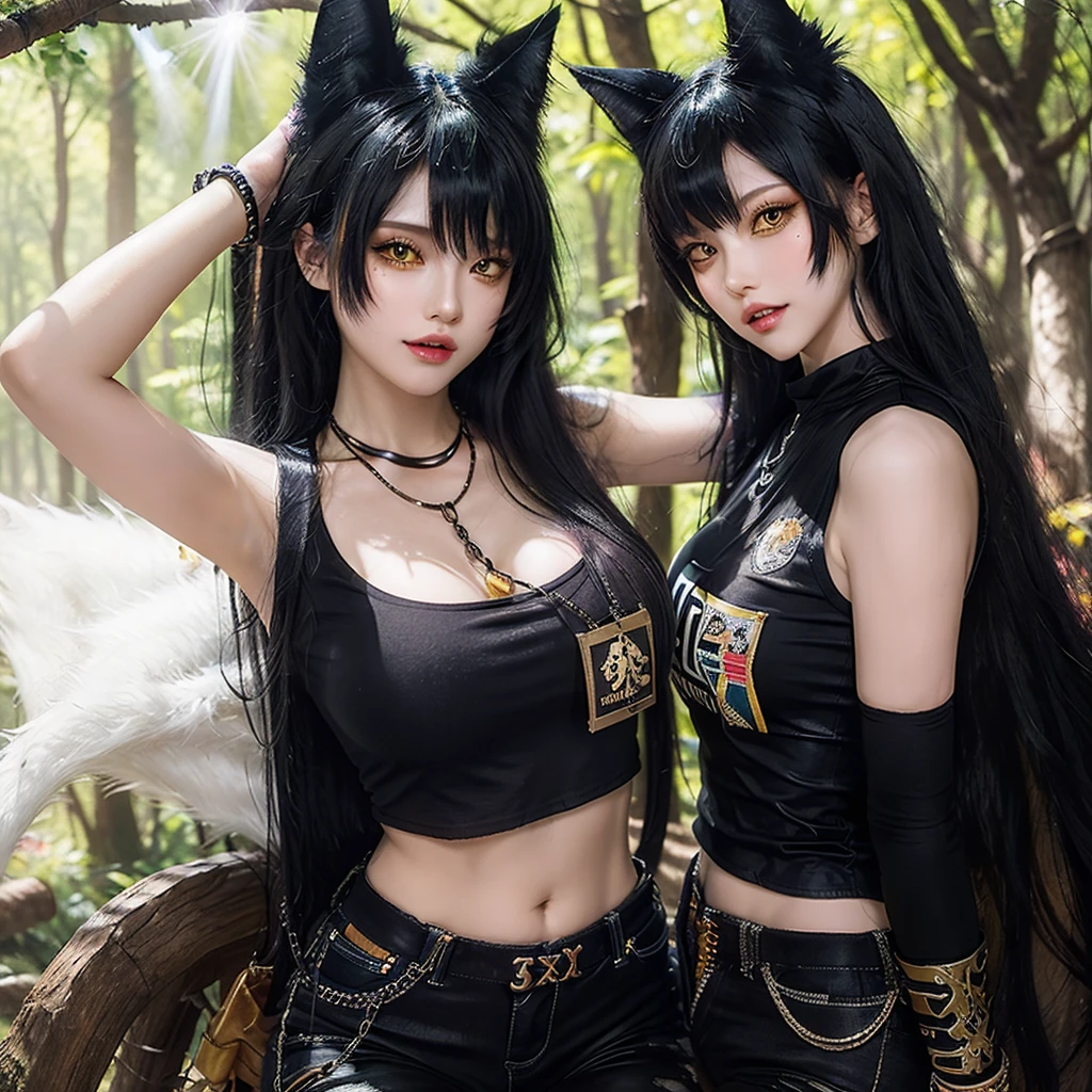 forest, catgirl, black cropped t-shirt adorned with medals and chains, black jeans adorned with chains and patches, beams of sunlight shining through the canopy, yellow eyes, calico fur, beautifully lit, insanely detailed, stunning environment