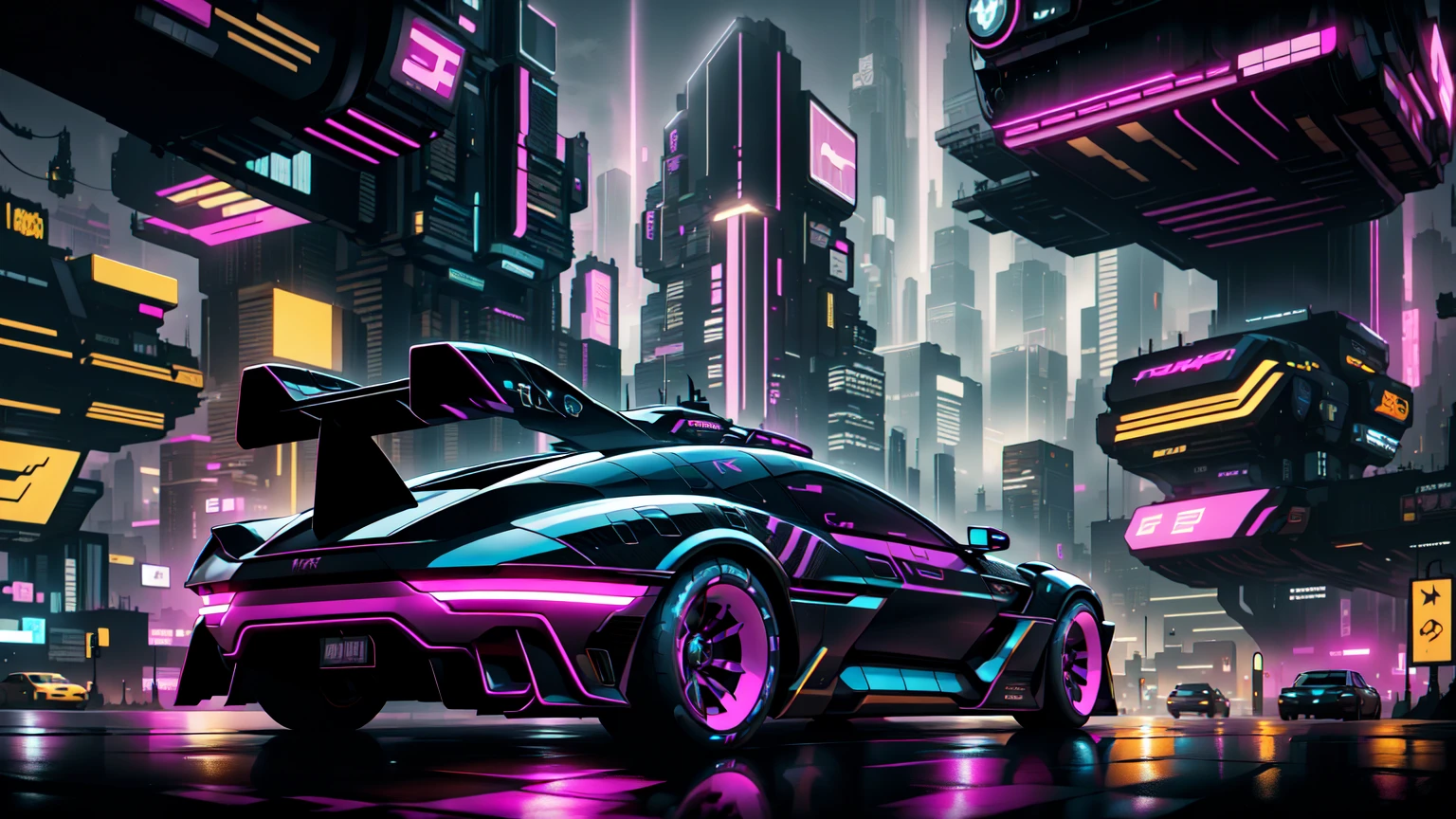 black futusiticc Sprot Car, Metalic Black with purple Stripes, driving through the futuristic City by night