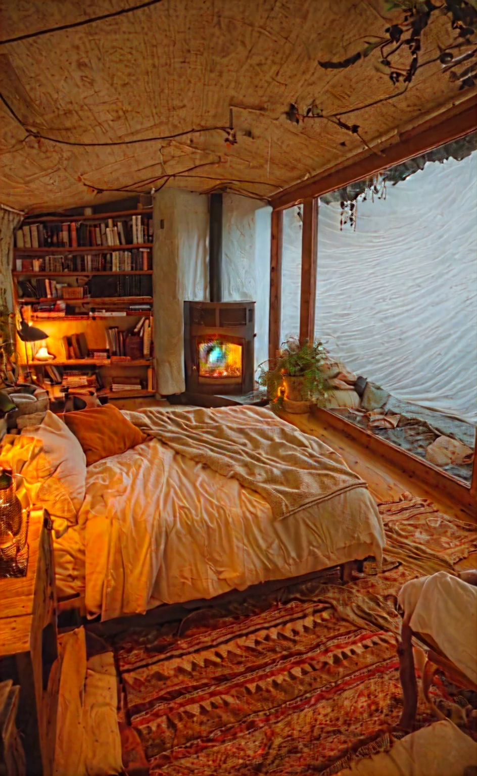 there is a bed with a bookcase and a fireplace in the corner, cozy place, cozy room, cozy envirnment, cozy and calm, cozy envirnment e tranquilo, room full of fire, cozy envirnment, cozy atmospheric, cozy envirnment, cozy bed, cozy vibes, very comfortable, cozy wallpaper, comfortable environment, warm interior, warm atmosphere, cozy aesthetic