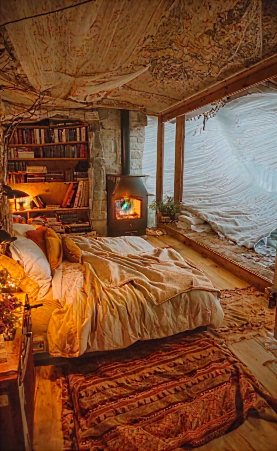 there is a bed with a bookcase and a fireplace in the corner, cozy place, cozy room, cozy envirnment, cozy and calm, cozy envirnment e tranquilo, room full of fire, cozy envirnment, cozy atmospheric, cozy envirnment, cozy bed, cozy vibes, very comfortable, cozy wallpaper, comfortable environment, warm interior, warm atmosphere, cozy aesthetic