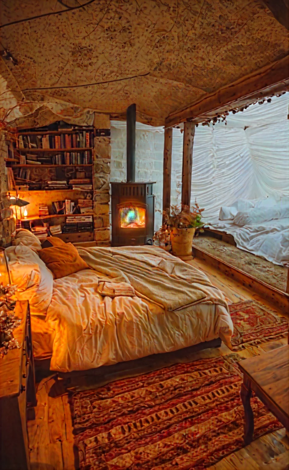 there is a bed with a bookcase and a fireplace in the corner, cozy place, cozy room, cozy envirnment, cozy and calm, cozy envirnment e tranquilo, room full of fire, cozy envirnment, cozy atmospheric, cozy envirnment, cozy bed, cozy vibes, very comfortable, cozy wallpaper, comfortable environment, warm interior, warm atmosphere, cozy aesthetic