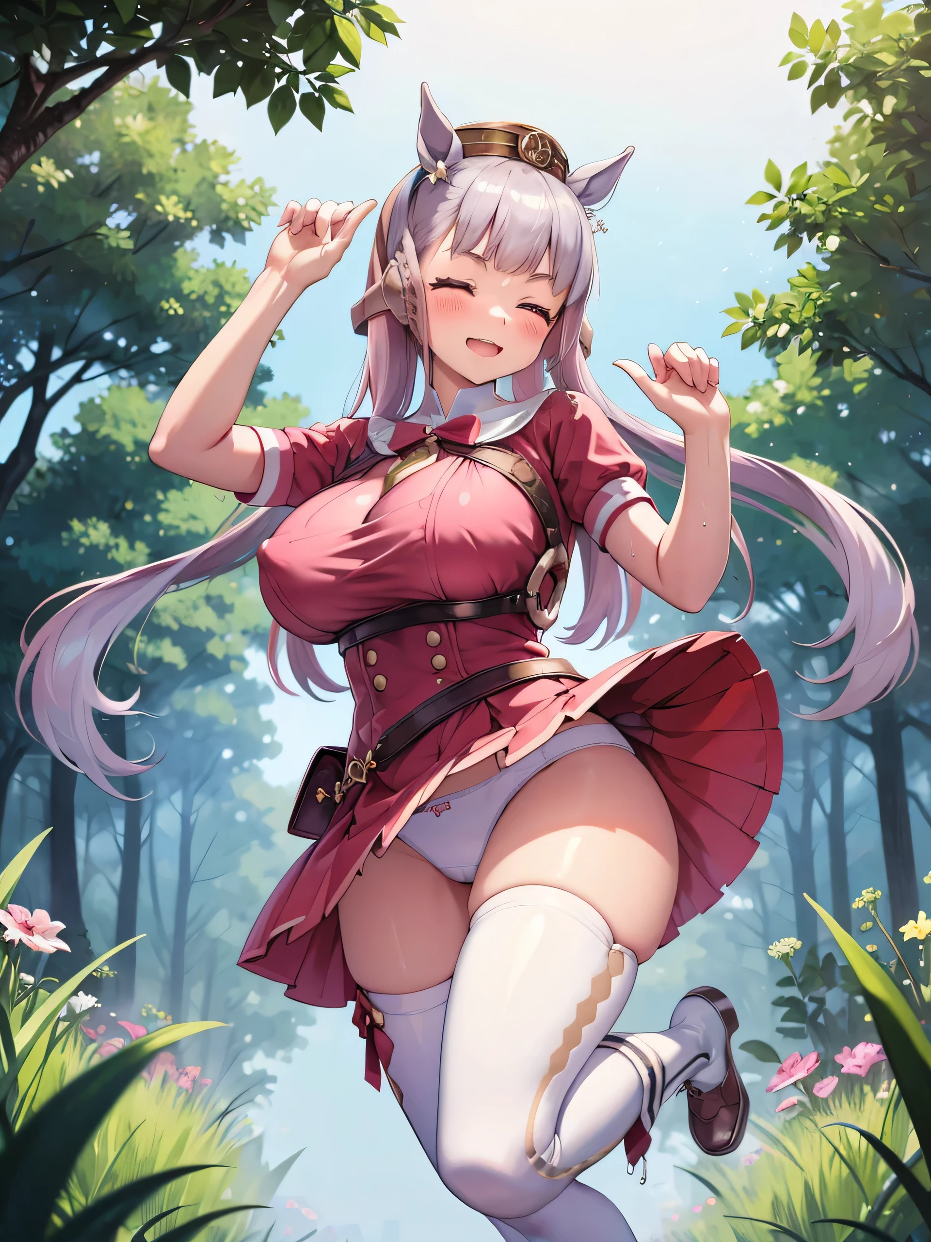 (masterpiece, Highest quality:1.2), alone, One girl, 幼いchildのゴールドシップ, pillbox hat,White Lolita,Gothic Lolita、With ruffles、Puffy short sleeves、dress、Knee-high socks、Horse tail,、grassland、Nature、blush、(Huge breasts:1.4)、Transparent clothes、Clothes are see-through、、ergarteners、、6 yearさな体、From below、Look to the side、Clothes get wet、Nipples are visible、Close your eyes and laugh、smile、Stand up with your legs spread、Flashy underwear、is see-through、Big Ass、Raise one leg、Skirt lift、Dripping a lot of thick white love juice