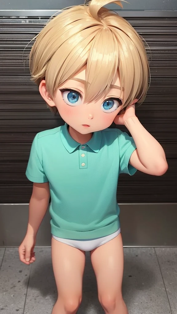 cute with blond hair and blue eyes he is very small and cute