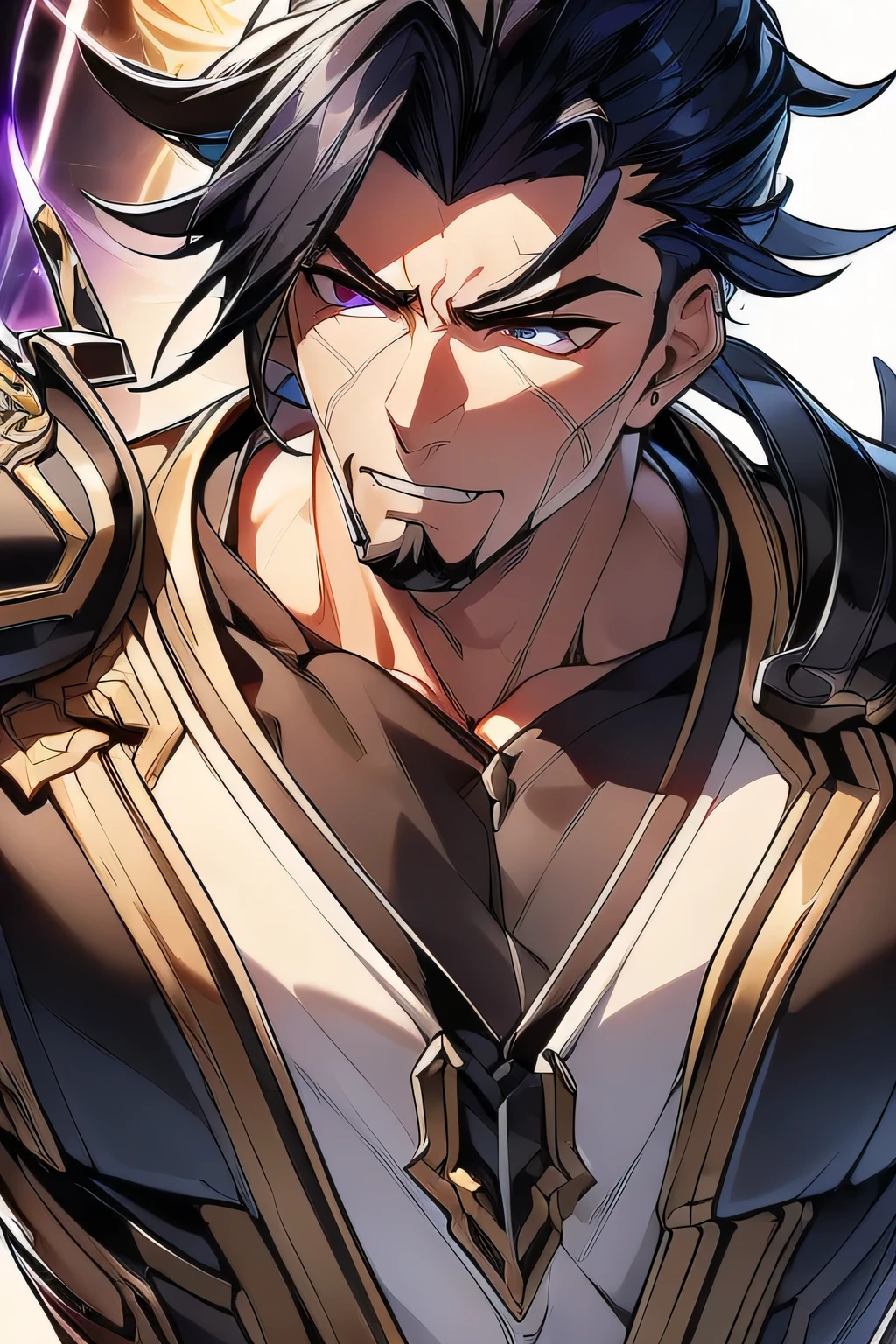 (Simple white background, Genshin Impact muscular male character, unique character, serious appearance, black suite, short, wavy and black hair, slicked back, goatee, visual novel, detailed black armor, high quality, cinematic, pose de poder, intricate details, vibrant colors, masterpiece, Genshin Impact, purple jewel on a golden coat of arms