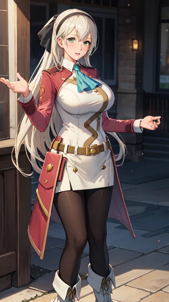 Masterpiece,high quality,One girl,Huge Tits, Ellie McDowell, Long Hair, Blonde, Green Eyes,hair band, Blue Ascot, Hair Ribbon, See-through costume,Cowboy Shot,Long sleeve, belt, pantyhose, White boots,