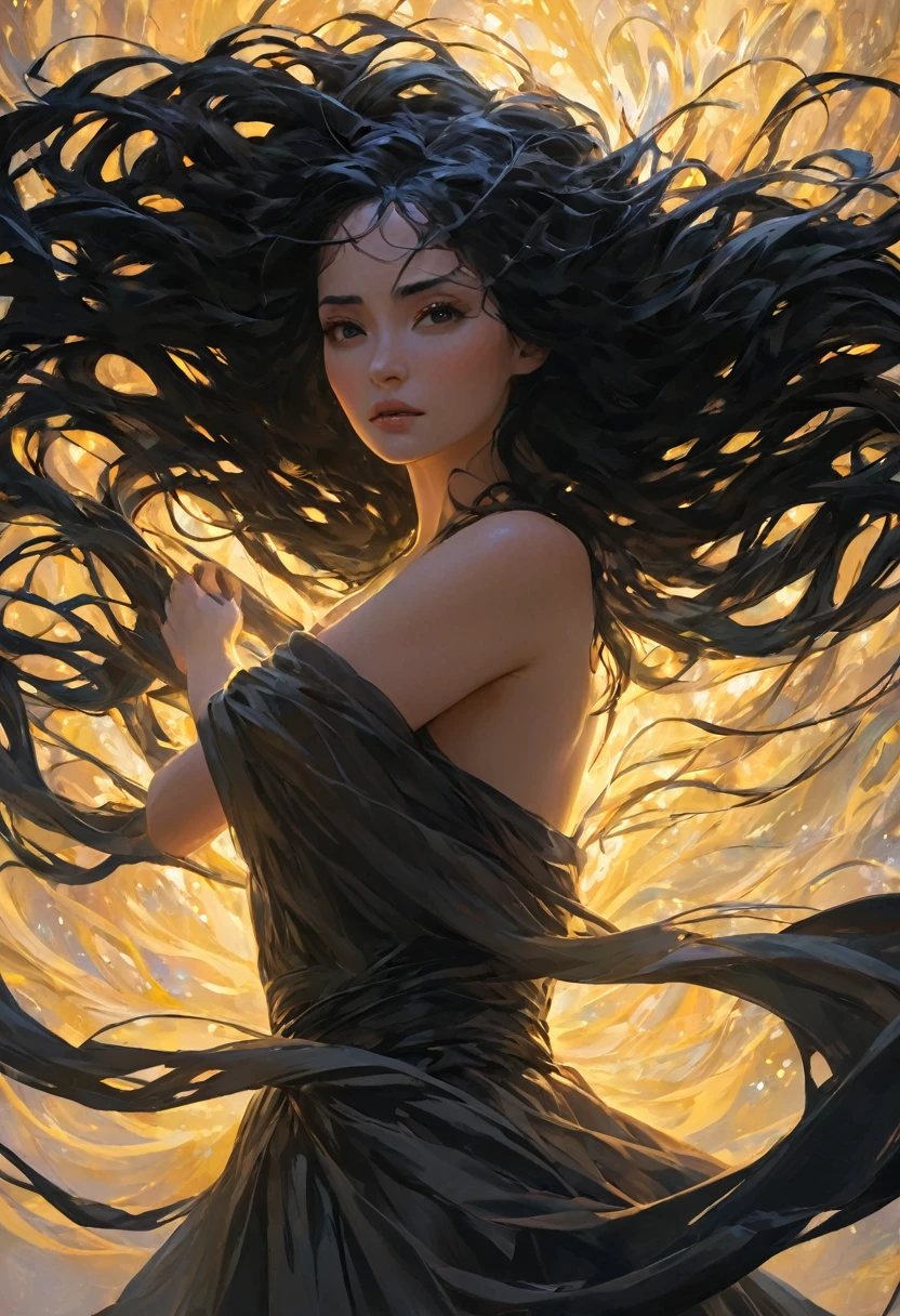 A young woman trapped in her own black hair, which is tightly wrapped around her and spreads throughout the entire scene. Despite the entanglement, she stretches out her arms, with her fingers reaching forward, symbolizing her courage to break free from the burdens. The hair represents obstacles, and faint light glows near her hands, hinting at the beginning of hope and bravery. The woman’s expression is one of determination and resolve.