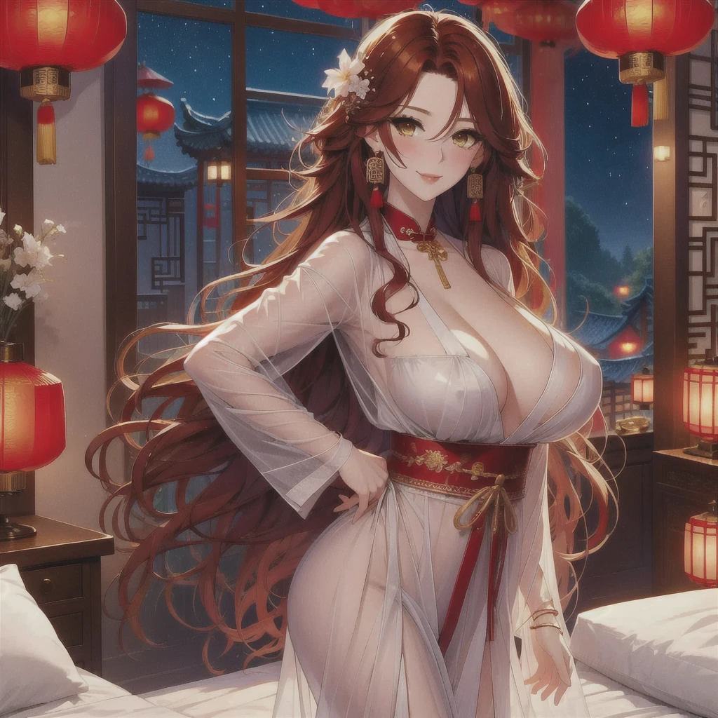 (masterpiece, best quality:1.2), 1women, xian mei, solo golden eyes, long red curly hair, jewellery, perfect anatomy, chinese traditional room, nudity, nude, sexy, hot, night, starry sky, night beautiful sky, shining stars, hentai breast holding (sex position), sex, doggystyle, hands up, standing on one leg, standing sex