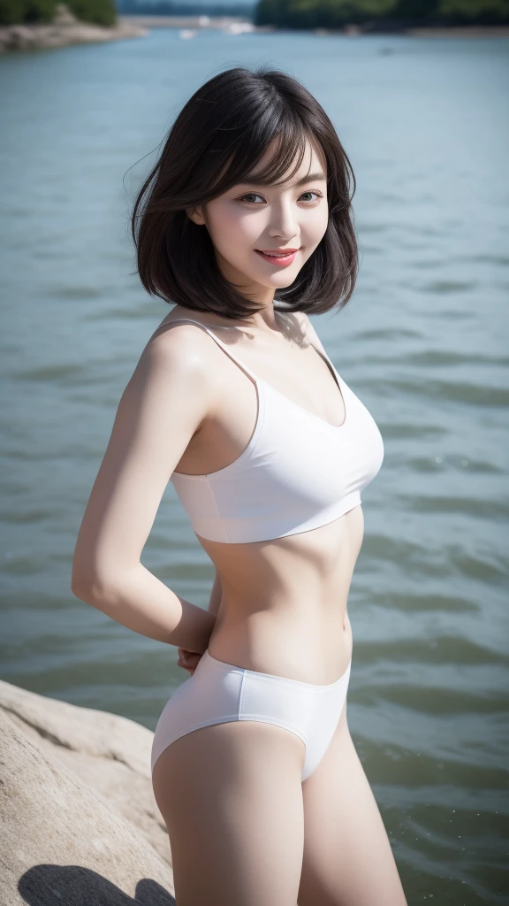 realistic photos of 1 cute Korean star, hair between eyes, white skin, thin makeup, 32 inch breasts size, slightly smile, wearing black v-neck crop top, white panties, standing on the rock, river is background, Cubist Futurism, UHD