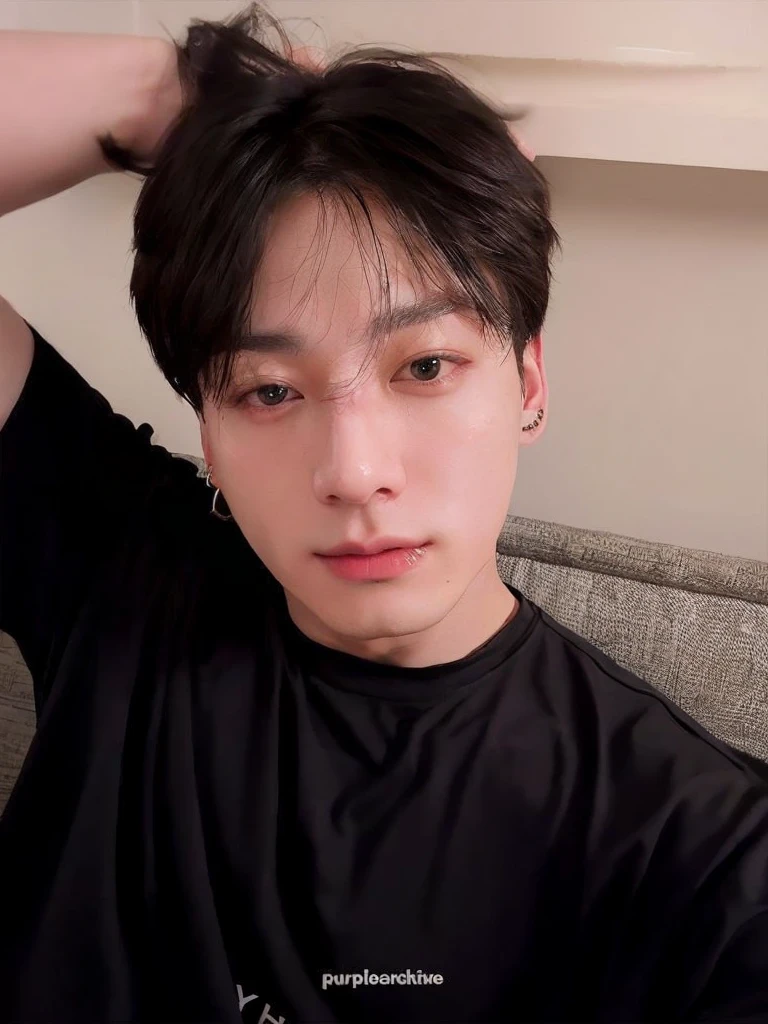 there is a man in a black shirt sitting on a sofa, jeon jungkook, adorable and pale korean face, Jeon jeongguk, glossy from rain, eyes large, pale, best qualityer, 4K, asian bonito, jungkook, beautiful face, 4k hd, ultra HD, nase, ear piercing, ultra realism, asia, jungkook, jungkook jeon, jeon jungkook asian bonito