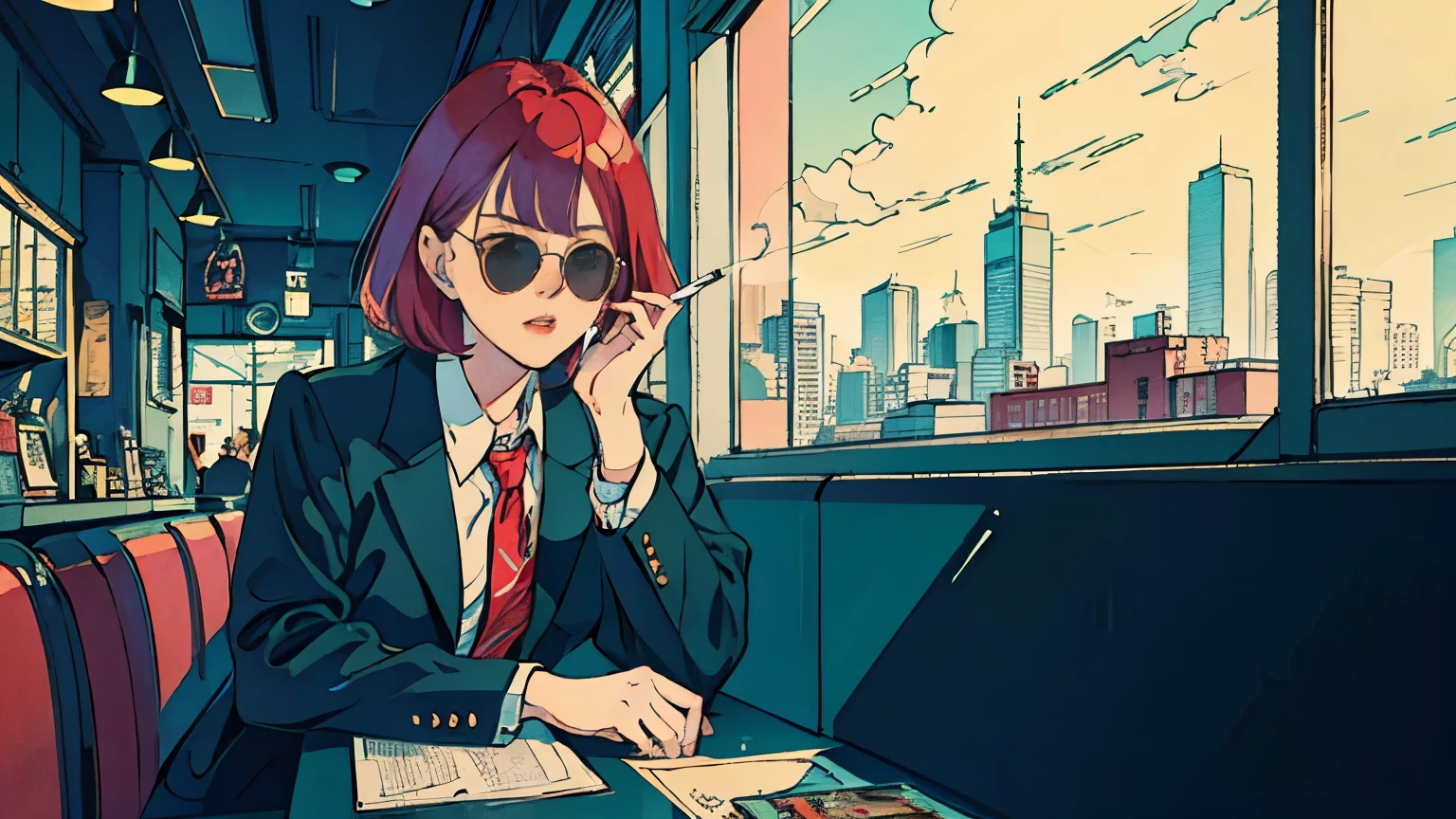beautiful asian girl with red hair sitting in a diner at night, seen through a window, perfect face, sunglasses, smoking a white tailor made cigarette, NeonNoir, (backlit: 1.1), hard shadow, masterpiece, best quality, Intricate, modelshoot style, vintage, film grain, Incomplete details drive,citypop,cassettetape,record