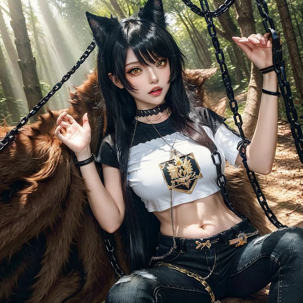 forest, catgirl, black cropped t-shirt adorned with medals and chains, black jeans adorned with chains and patches, beams of sunlight shining through the canopy, yellow eyes, calico fur, beautifully lit, insanely detailed, stunning environment