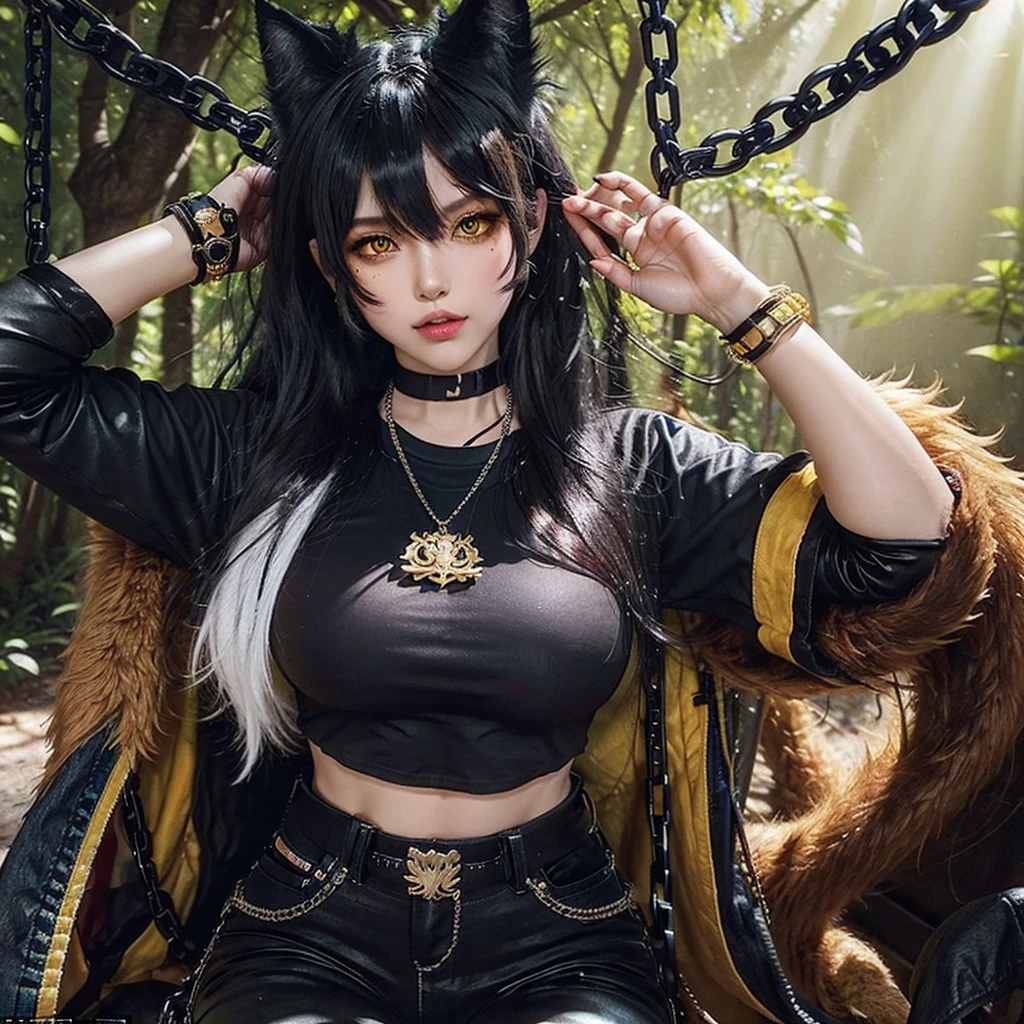 forest, catgirl, black cropped t-shirt adorned with medals and chains, black jeans adorned with chains and patches, beams of sunlight shining through the canopy, yellow eyes, calico fur, beautifully lit, insanely detailed, stunning environment