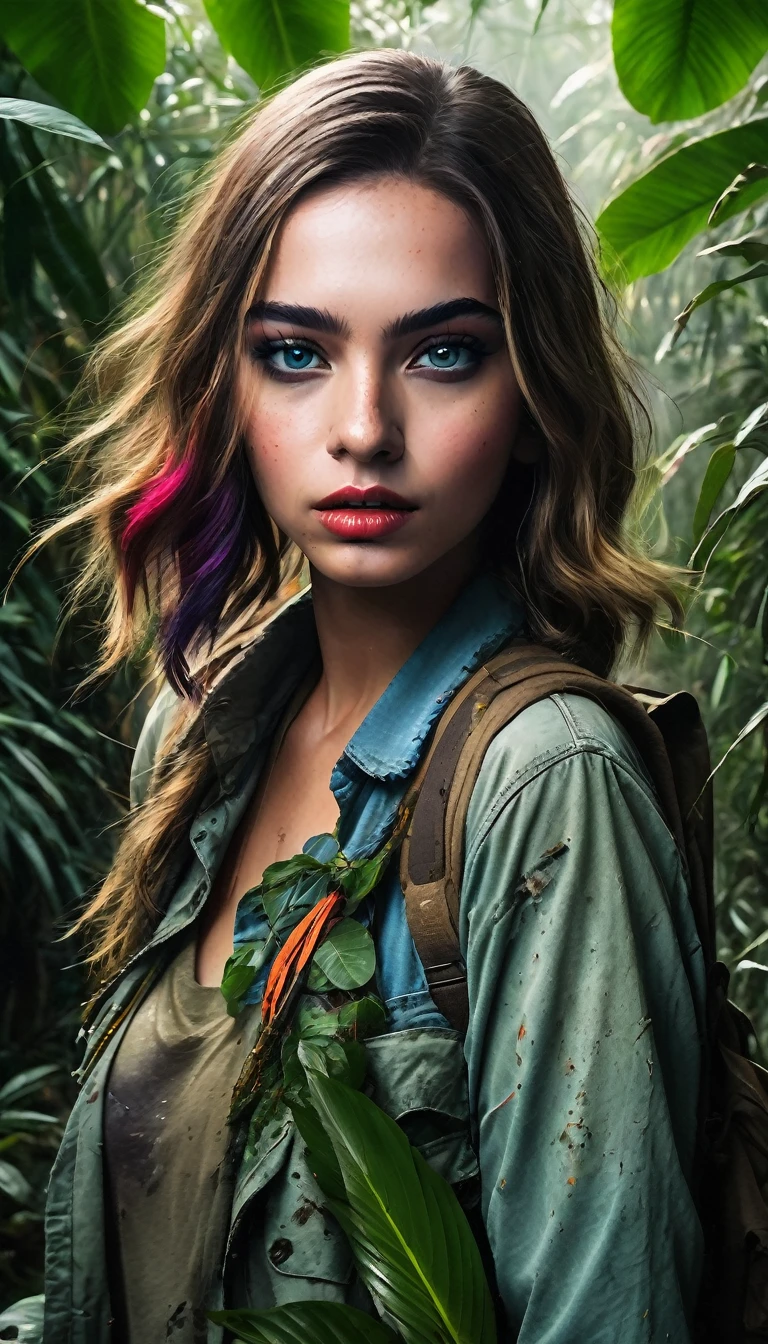 a young woman in a lush jungle, Emma Myers, beautiful detailed eyes, beautiful detailed lips, extremely detailed face, long eyelashes, adventurous expression, dirty torn clothes, covered in mud, holding a large knife, vines and foliage surrounding, vibrant colors, natural lighting, photorealistic, cinematic composition, award winning digital art