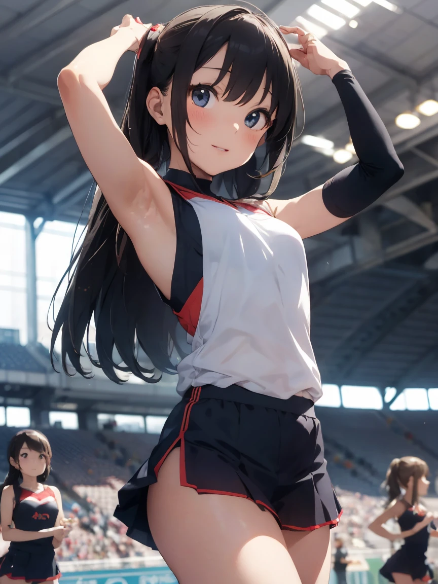 Arafedo Asian cheerleaders making dynamic poses with large pom-poms in both hands at the stadium、Close-up、Cosplay Photo、Anime Cosplay、Small breasts、Raw photo, Highest quality, High resolution, (masterpiece), (Photorealistic:1.4), Professional photography, Sharp focus, Hmph, 8K resolution, Intricate details, Depth of written boundary, Highly detailed CG Unity 8k wallpaper, Front light, With a girl, Beautiful Supermodel, Laughter、Slender、(Beautiful gray twin tail hair:1.3)、Korean style uniform、Peeking from below、(Thin thighs)、I can see your underwear、Wearing a sun visor on the head、