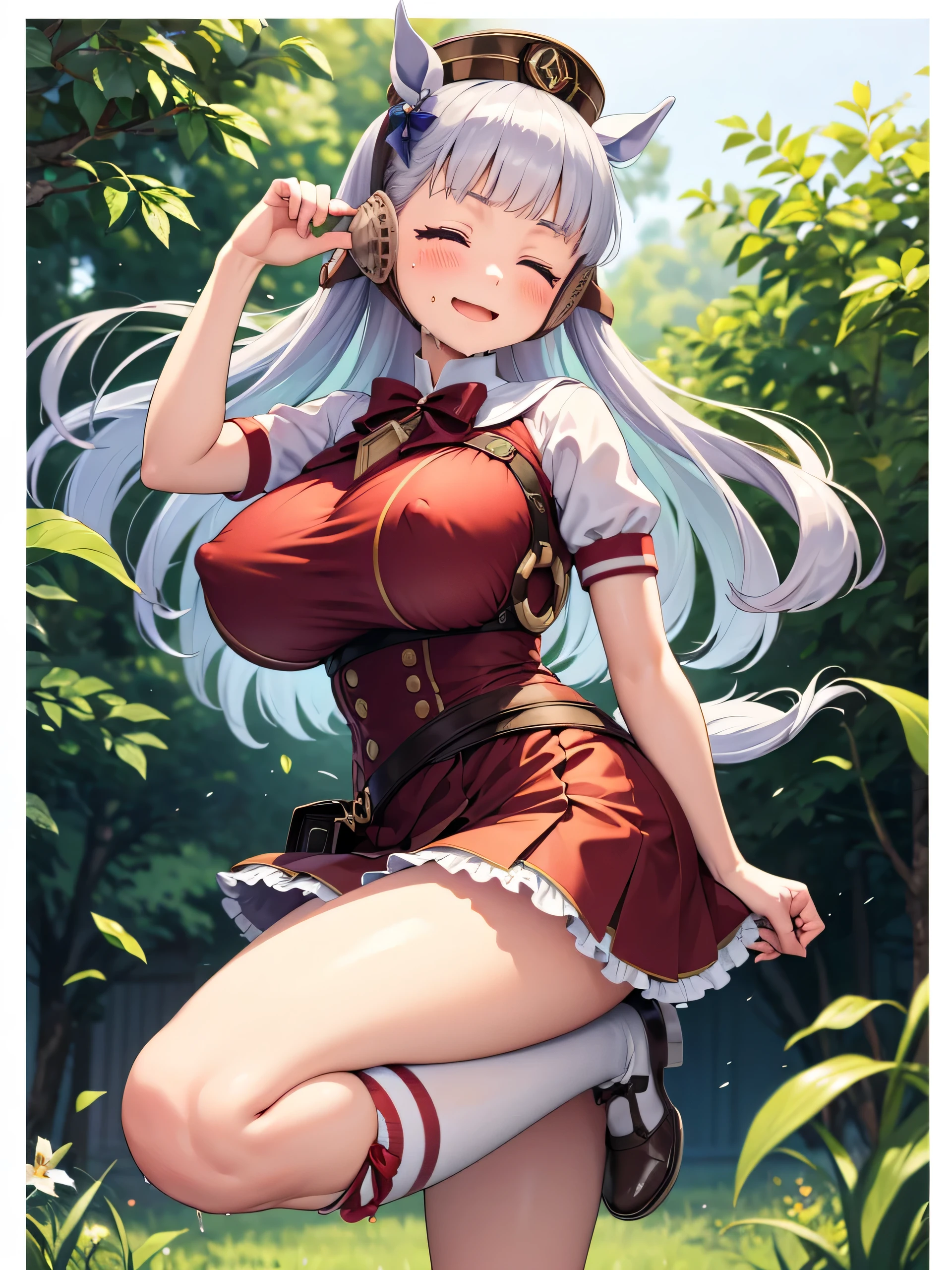 (masterpiece, Highest quality:1.2), alone, One girl, 幼いchildのゴールドシップ, pillbox hat,White ta,Gothic Loliith ruffles、Puffy short sleeves、dress、Knee-high socks、Horse tail,、grassland、Nature、blush、(Huge breasts:1.4)、Transparent clothes、Clothes are see-through、、Kindergarteners、、6 years From below、Look to the side、Clothes get wet、Nipples are visible、Close your eyes and laugh、smile、Stand up with your legs spread、Flashy underwear、is see-through、Big Ass、Raise one leg、Skirt lift、Dripping a lot of thick white love juice