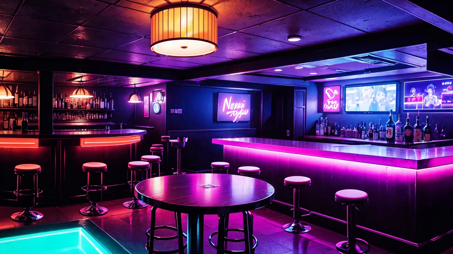 best quality, Strip Night Club interior with Bar, Neonlights in Peoples, 