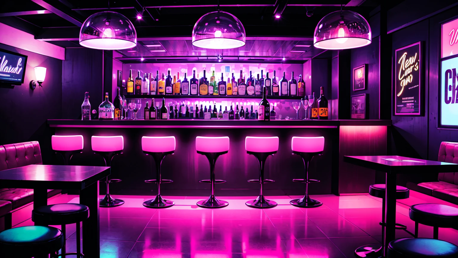 best quality, Strip Night Club interior with Bar, Neonlights in Peoples,
