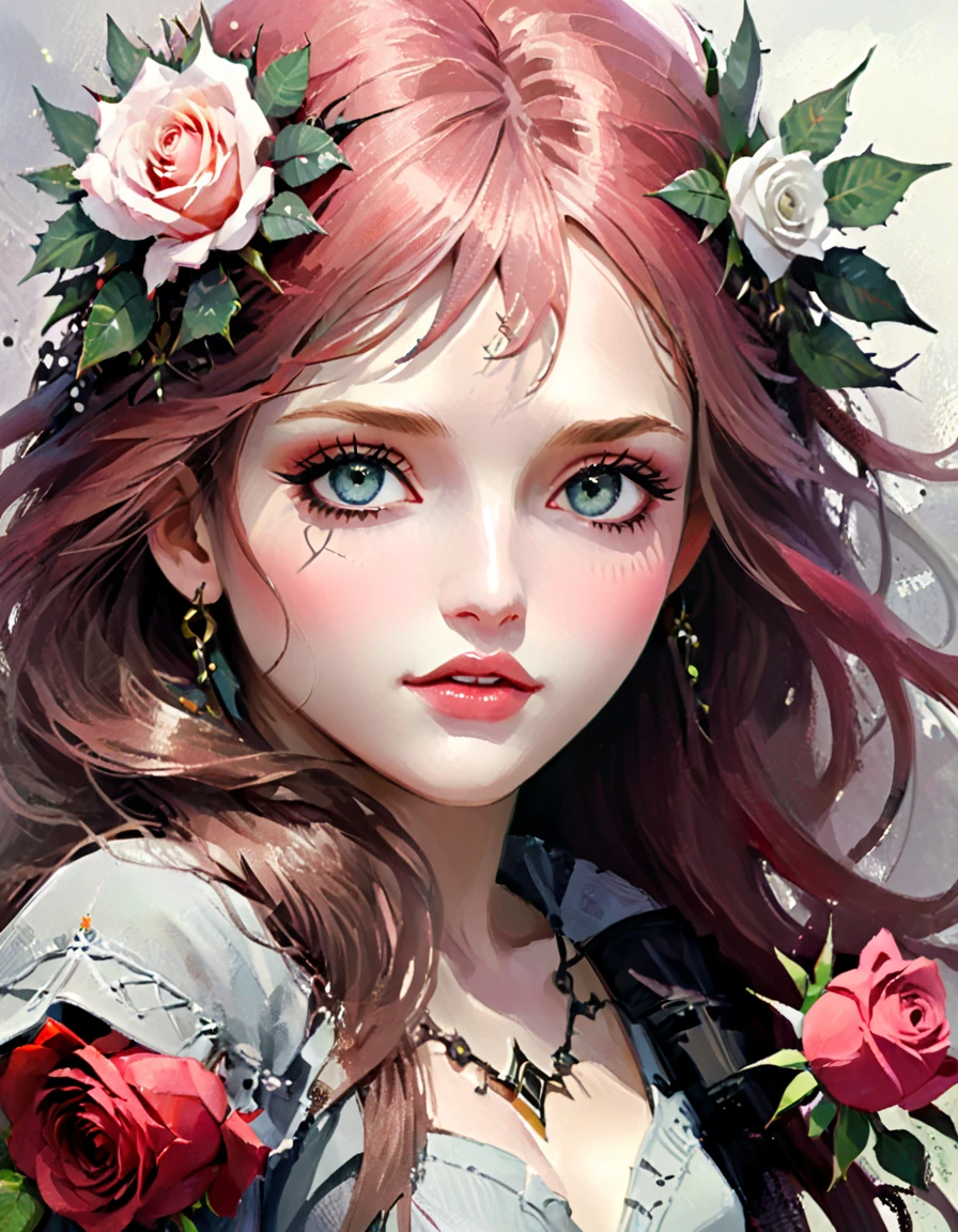 {({(rose themed:1.5)} beautiful girl, long hair, light colored eyes, delicate, calm demeanor, {beautifuly dressed with intricate thorn details}, ({watercolored styled} impressionist masterpiece:1.5), (best quality:1.5), ((UHD:1.5)), (detailed face, detailed eyes, detailed mouth, detailed body, detailed hands, detailed clothes, detailed background, detailed scenery:1.5), (aesthetic + beautiful + harmonic:1.5), ({symmetrical intricate thorns details + sharpen symmetrical thorns details}:1.5)