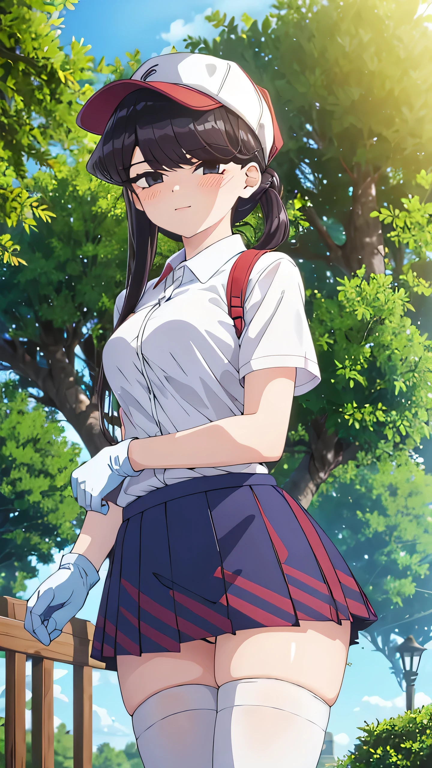 tree, bush, white gloves, gloves, nature, forest, grass, outdoors, foliage, 1girl, park, day, golf club, skirt, thighhighs, hat, sky, lamppost, plant, white legwear, blue sky, smile, solo, breasts, palm tree, garden, under tree, long hair, short sleeves, pine tree, looking at viewer, against tree, bangs, jungle, shirt, tree shade, fence, pleated skirt, path, baseball cap, cloud, branch, hair bun, road, blush, on grass, white shirt