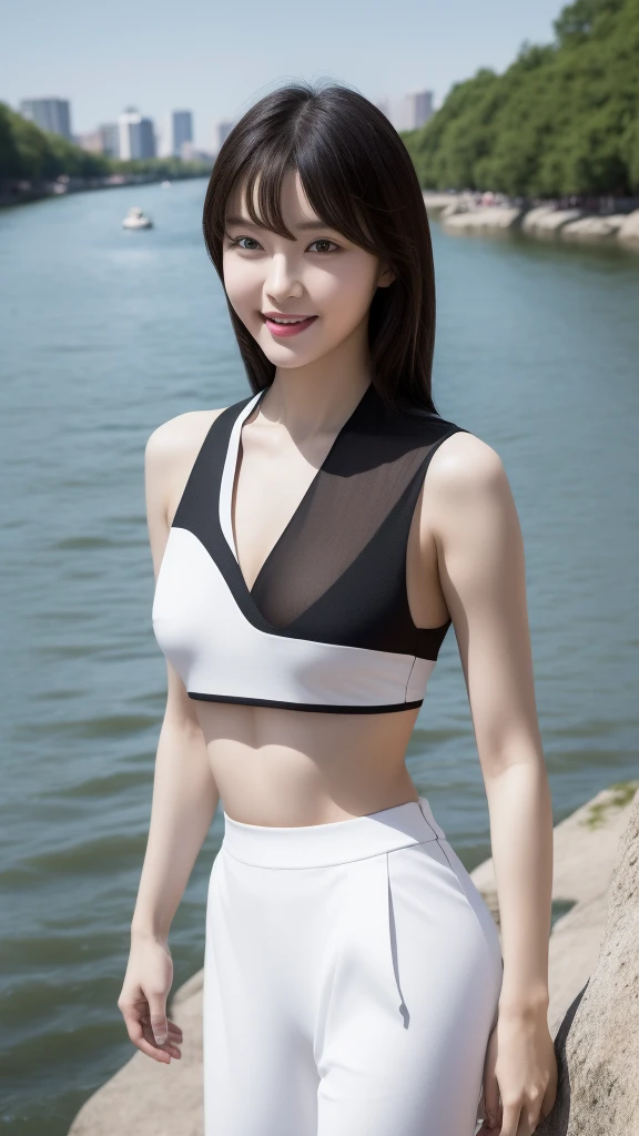 realistic photos of 1 cute Korean star, hair between eyes, white skin, thin makeup, 32 inch breasts size, slightly smile, wearing black v-neck crop top, camouflage pants, standing on the rock, river is background, Cubist Futurism, UHD