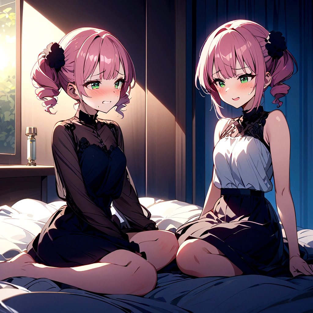 A scene from a movie、whole body、night、Two nervous girls sitting on a bed、Beautiful girl waiting for sex、Flushed face、Pink Hair、Twin Drill