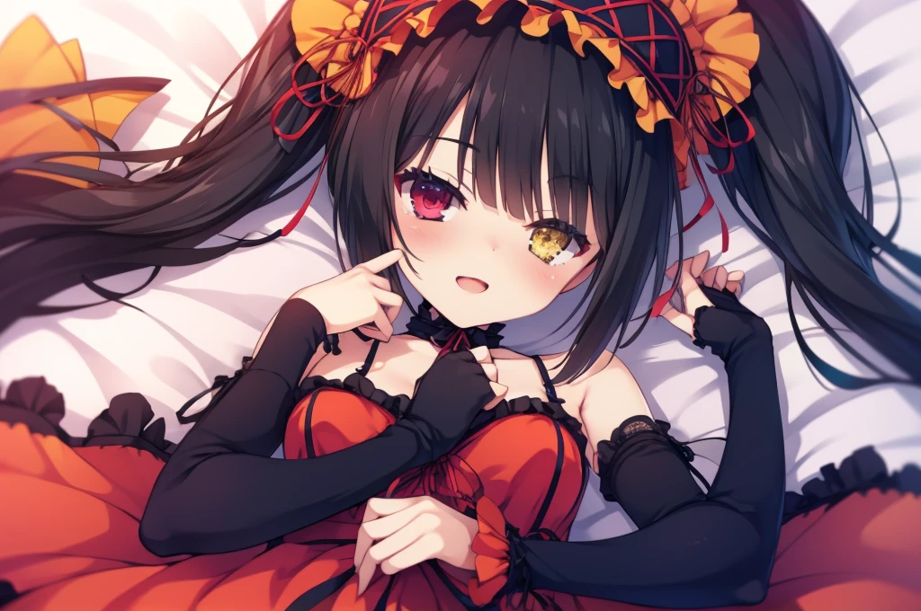 KurumiBase, (clock eyes), heterochromia, twintails, hairband, red dress, frills, detached sleeves, frilled choker,Lying down,bed,Blushing,View your viewers,Open Mouth Smile,Face close up,Simple Background,,best image quality,highest quality