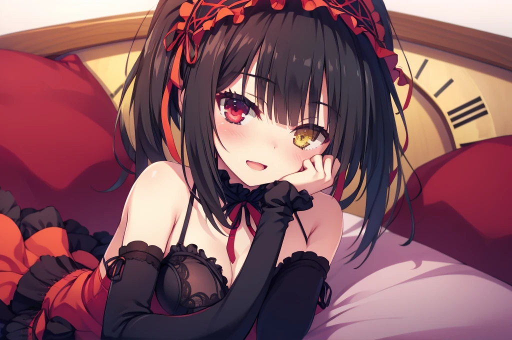 KurumiBase, (clock eyes), heterochromia, twintails, hairband, red dress, frills, detached sleeves, frilled choker,Lying down,bed,Blushing,View your viewers,Open Mouth Smile,Face close up,Simple Background,,best image quality,highest quality