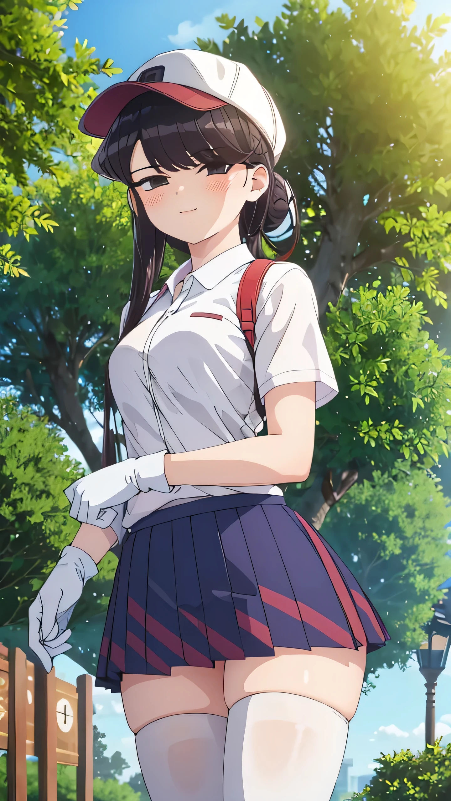 tree, bush, white gloves, gloves, nature, forest, grass, outdoors, foliage, 1girl, park, day, golf club, skirt, thighhighs, hat, sky, lamppost, plant, white legwear, blue sky, smile, solo, breasts, palm tree, garden, under tree, long hair, short sleeves, pine tree, looking at viewer, against tree, bangs, jungle, shirt, tree shade, fence, pleated skirt, path, baseball cap, cloud, branch, hair bun, road, blush, on grass, white shirt