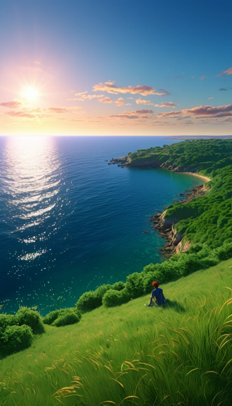 High quality, 8K Ultra HD. The image shows a sitting anime boy looking at the ocean at sunrise from a grassy hill, anime style Discover the ethereal curves of Sillon de Talbert in Brittany, a unique geographical wonder where a slender strip of land winds gracefully towards the vast sea . anime style This striking natural formation is surrounded by the serene blues of the ocean, which contrast with the lush greens of spring vegetation. Visiting Sillon de Talbert offers a breathtaking experience of walking through nature's works of art, where panoramic aerial views and calm sea breezes combine to create a peaceful escape into the picturesque Brittany landscape with a backdrop of sky. vibrant blue and red and orange tones of the sun. anime art wallpaper 4k, anime art wallpaper 4K, anime background, anime art wallpaper 8K, anime art background, anime landscape wallpaper, amazing wallpaper, high quality wallpaper definition,4k animated wallpaper,4k animated wallpaper,Aries Moross art,Bob Byerley art,AshleyWoodArtAI,greg rutkowski