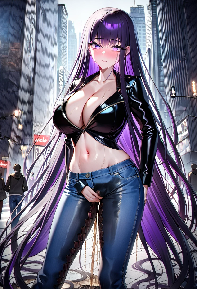 (masterpiece:1.37), best quality, (extremely detailed:1.37), woman, (very long hair:1.5), dark purple hair, purple eyes, (extremely detailed eyes:1.37), (wetting self:1.75), large breasts, stylish jacket, multicolored jackt, jeans, cleavage, navel, city, high-tech, street