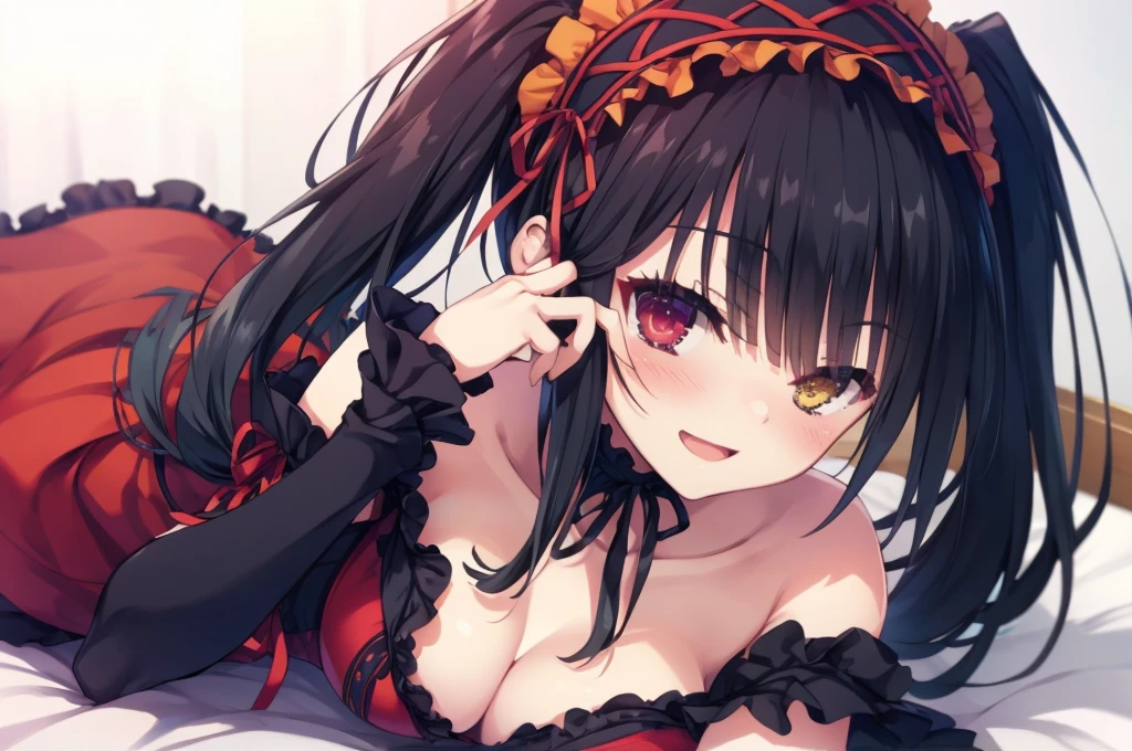 KurumiBase, (clock eyes), heterochromia, twintails, hairband, red dress, frills, detached sleeves, frilled choker,Lying down,bed,Blushing,View your viewers,Open Mouth Smile,Face close up,Simple Background,,best image quality,highest quality