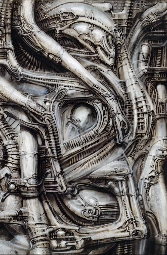 g1g3r, The image is a detailed view of H.R. Giger's \" Biomechanical Landscape No 312 \" plate, featuring a complex network of bones and organs in a purple-brown hue ,swirling gray and brown colors. The image is a 3D rendering of a complex, intricate machine with numerous interconnected tubes and pipes, giving the impression of a highly advanced, futuristic technology.The artwork is silver and purplish brown, with an ivory bones prominently displayed. The image is highly detailed and intricate, almost like a 3d version of a medical diagram (detailed view of an anatomy model, possibly of a human body, with transparent organs and bones exposed). The piece has a thick mechano-organic texture and is covered in fine details. The image has a swirling, organic quality to it. The artistic manner would be unmistakably Gigeresque. A dark and unsettling beauty would permeate the piece, blurring the lines between fascination and repulsion , forever haunted by the grotesque allure. Giger's signature artistic manner would be evident in every stroke. The airbrush would be wielded with masterful precision to create a hyperrealistic yet nightmarish aesthetic.
 The texture of ivory with signs of burning and fossilization can be seen in the mix of smooth and rough brushstrokes. By Peter mohrbacher, ooze soaked pajama top
