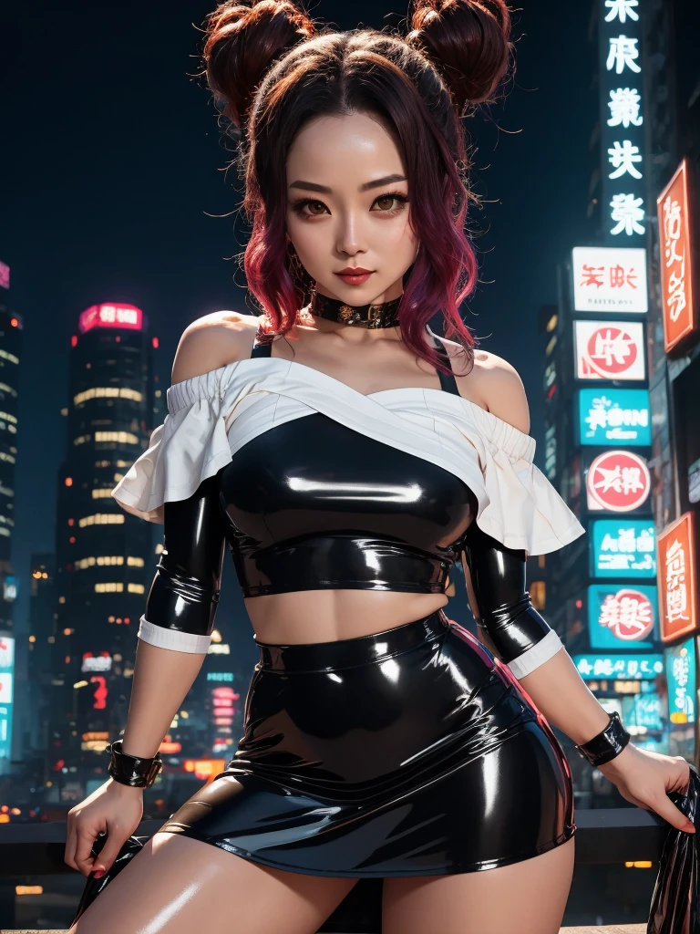 Full body photo shinobu kocho from demon slayer anime, beautiful woman, semi-open strawberry lip, dimples, sedutice expression, (extra long wavy brown hair), pale skin, ((cyberpunk megacity environment at night)), (color fresco), camera pose, ((short black latex skirt)), tough boy style, ultra focused face, intimidating, smiling, short and messy hair, muscles (( oFF-shoulder crop top)),posing provocative, cameltoe, sitting with legs spread, longing gazing hungy sexy facial expression, arms behind head,