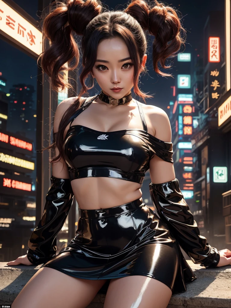 Full body photo shinobu kocho from demon slayer anime, beautiful woman, semi-open strawberry lip, dimples, sedutice expression, (extra long wavy brown hair), pale skin, ((cyberpunk megacity environment at night)), (color fresco), camera pose, ((short black latex skirt)), tough boy style, ultra focused face, intimidating, smiling, short and messy hair, muscles (( oFF-shoulder crop top)),posing provocative, cameltoe, sitting with legs spread, longing gazing hungy sexy facial expression, arms behind head,