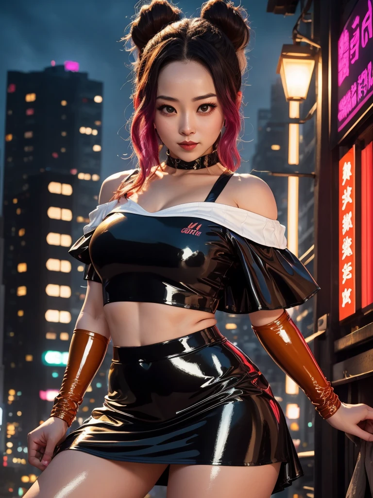 Full body photo shinobu kocho from demon slayer anime,  beautiful woman, semi-open strawberry lip, dimples, sedutice expression, (extra long wavy brown hair),  pale skin, ((cyberpunk megacity environment at night)), (color fresco), camera pose, ((short black latex skirt)),  tough boy style, ultra focused face, intimidating, smiling, short and messy hair, muscles (( oFF-shoulder crop top)),posing provocative, cameltoe, sitting with legs spread, longing gazing hungy sexy facial expression, arms behind head, 