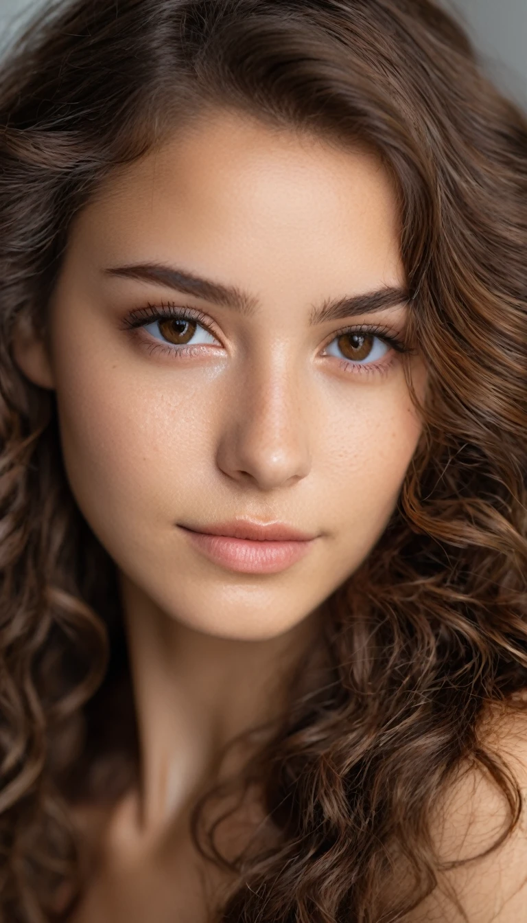  pretty young woman, Cute beautiful , innocent face, naturally brown long wavy hair , high-res, ​masterpiece, best qulaity, Intricate detailing, sharp focus, detailed skin, realistie Hauttextur, Textur, detailled eyes, professional, 4K, charming smile, taken with Canon, 85 mm, perfectly fitting body, extremely detail, photoshot_\(ultra\), fotorealisti, realisti, Post processing, maximum details, roughness, real life, ultrarealisti, photoshotrealismus, photoshotgrafie, 8K UHD, photoshotgrafie , brown eyes , big brown eyes with long eyelashes, some light freckles on the nose, brown short hair , beauty dimple , looks directly at the camera , ultra realistic,moyenne taille