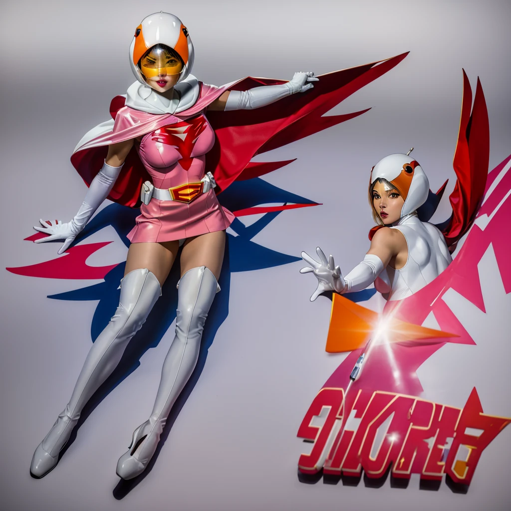 ANI_CLASSIC_jun_gatchaman_ownwaifu,1girl, ,good anatomy, masterpiece, best quality,realistic, hyper realistic, 16k hdr, long hair,breasts,lips,large breasts,lipstick,makeup,gloves,cape,helmet,belt,elbow gloves,white gloves,mask,ultra miniskirt,leotard,spacesuit,white tight overknee highheels boots,pink dress,superhero,bodysuit,cleavage,erected nipples,(fighting poses),cameltoe