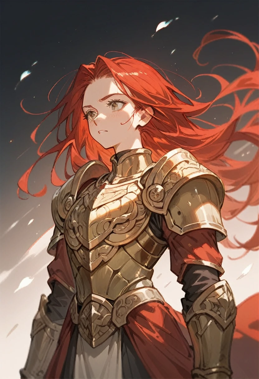 Girl, red hair, golden armor,