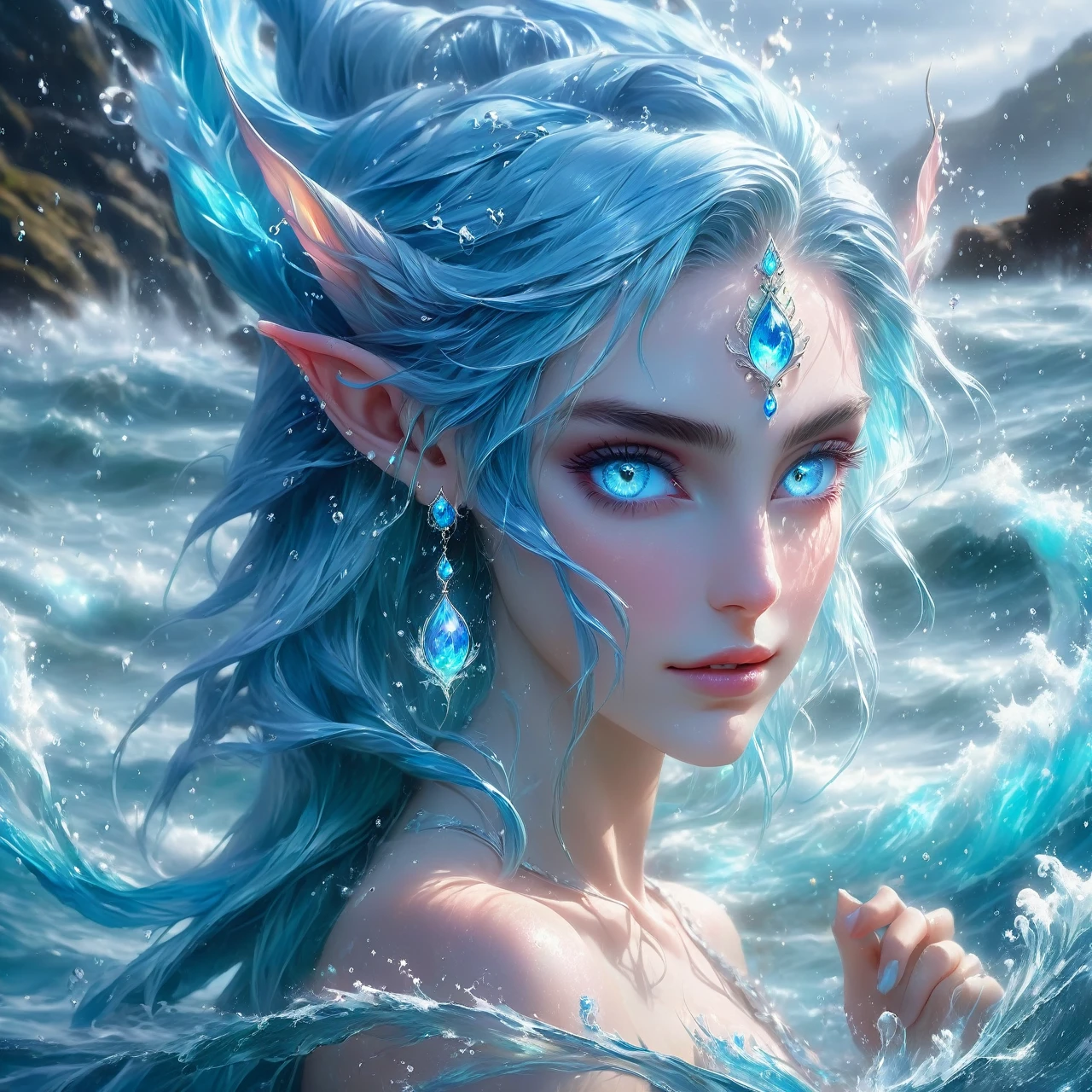 The extreme beautiful young water genasi of water, light blue skin, elf ears, colorful mystic light, water glow eyes, blue hair, UHD, by Aleksi Briclot and Alessio Albi , blushing, innocent looking, standing in swirling waves of water, 