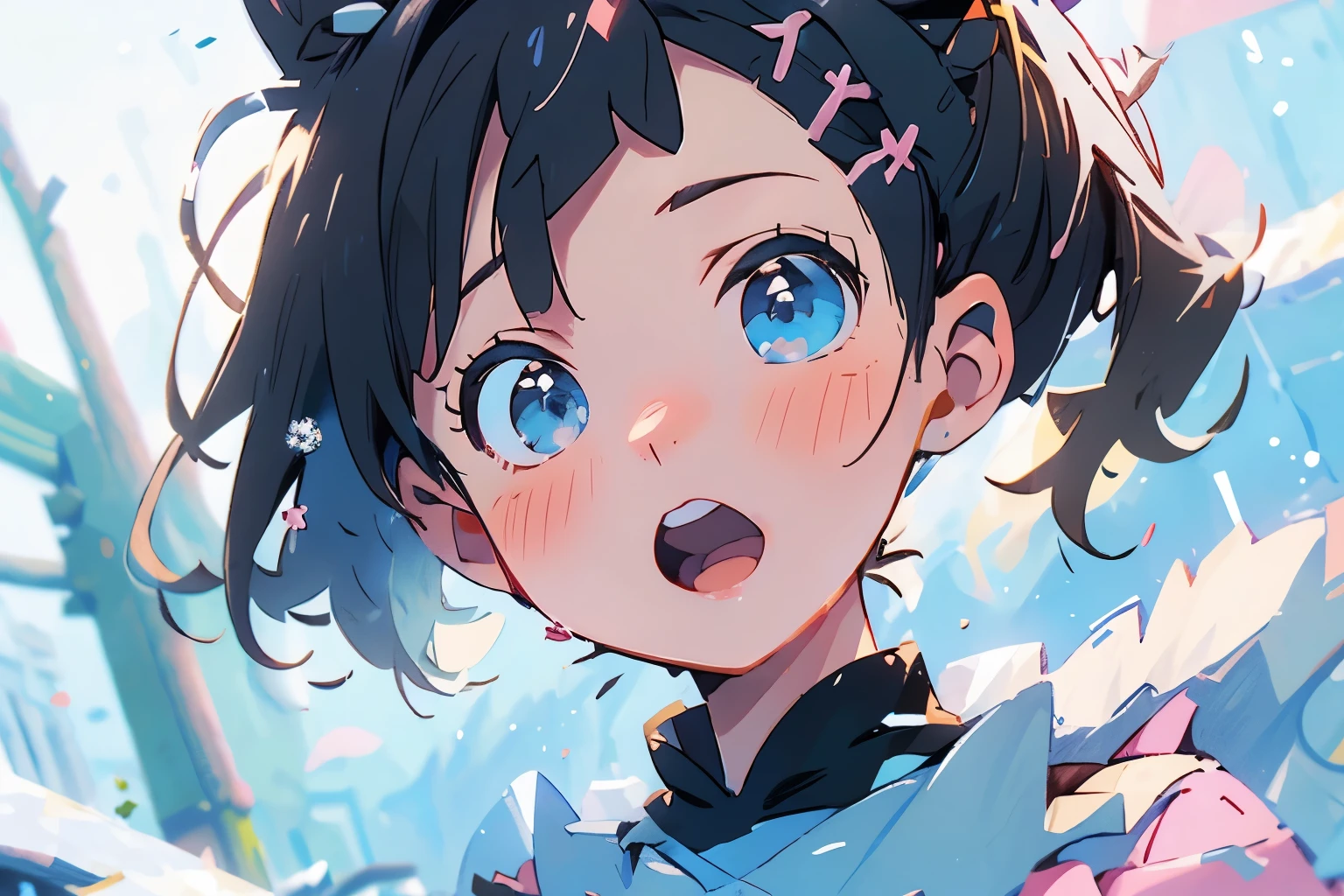 (masterpiece), (best quality), ultra high res, sharp focus, warm pastel tone, ((1 girl, solo)), upper body, side profile shot beautiful detailed hair, ((black hair)), (pink ribowns on the hair), beautiful detailed face, ((beautiful shape eyes, blue eyes)), perfect feminine face, head up, looks up, surprise face, open lips, (winter outfit, (pink dress), (marnie pokemon), (ponytails), (assymmetrical bangs), (winter), (snow), (blush)