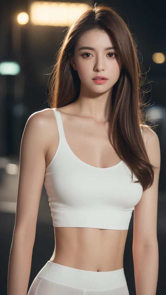 ((photorealistic lighting, Top Quality, 8K, masterpiece: 1.3)), Clear Focus: 1.2, 1Girl, Perfect Figure: 1.4, Slim Abs: 1.1, ((Dark-brown hair)), (white crop top: 1.4), (plein air, nighttime: 1.1), City streets, Ultra-fine face, Fair eyes, Double eyelidd, idol,