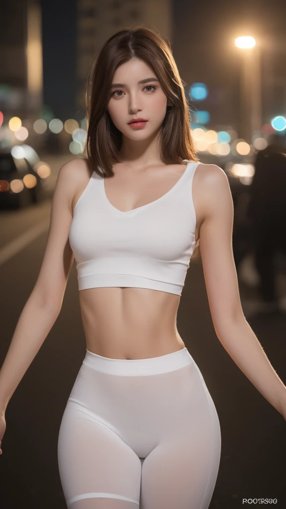 ((photorealistic lighting, Top  Quality, 8K, ​masterpiece: 1.3)), Clear Focus: 1.2, 1Girl, Perfect Figure: 1.4, Slim Abs: 1.1, ((Dark-brown hair)), (white crop top: 1.4), (plein air, nighttime: 1.1), City streets, Ultra-fine face, Fair eyes, Double eyelidd, idol,