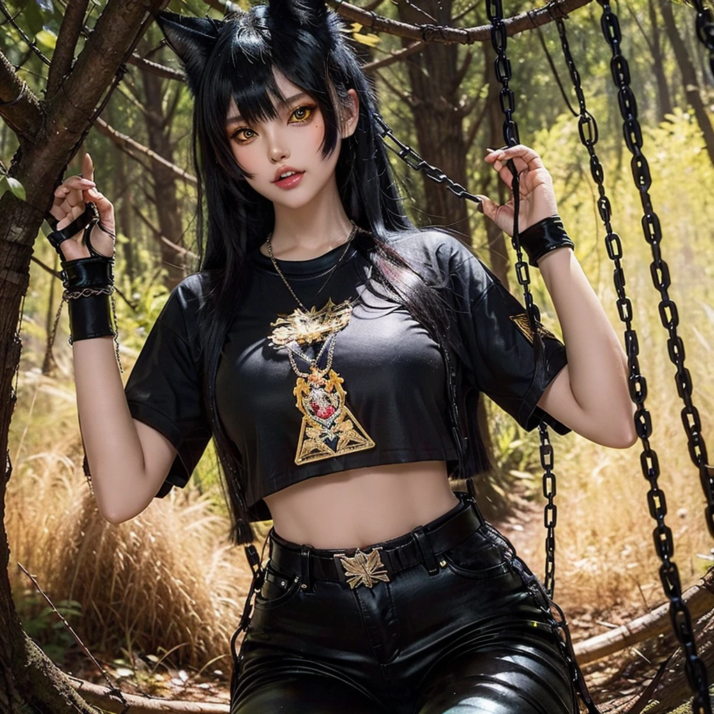 forest, catgirl, black cropped t-shirt adorned with medals and chains, black jeans adorned with chains and patches, beams of sunlight shining through the canopy, yellow eyes, calico fur, beautifully lit, insanely detailed, stunning environment
