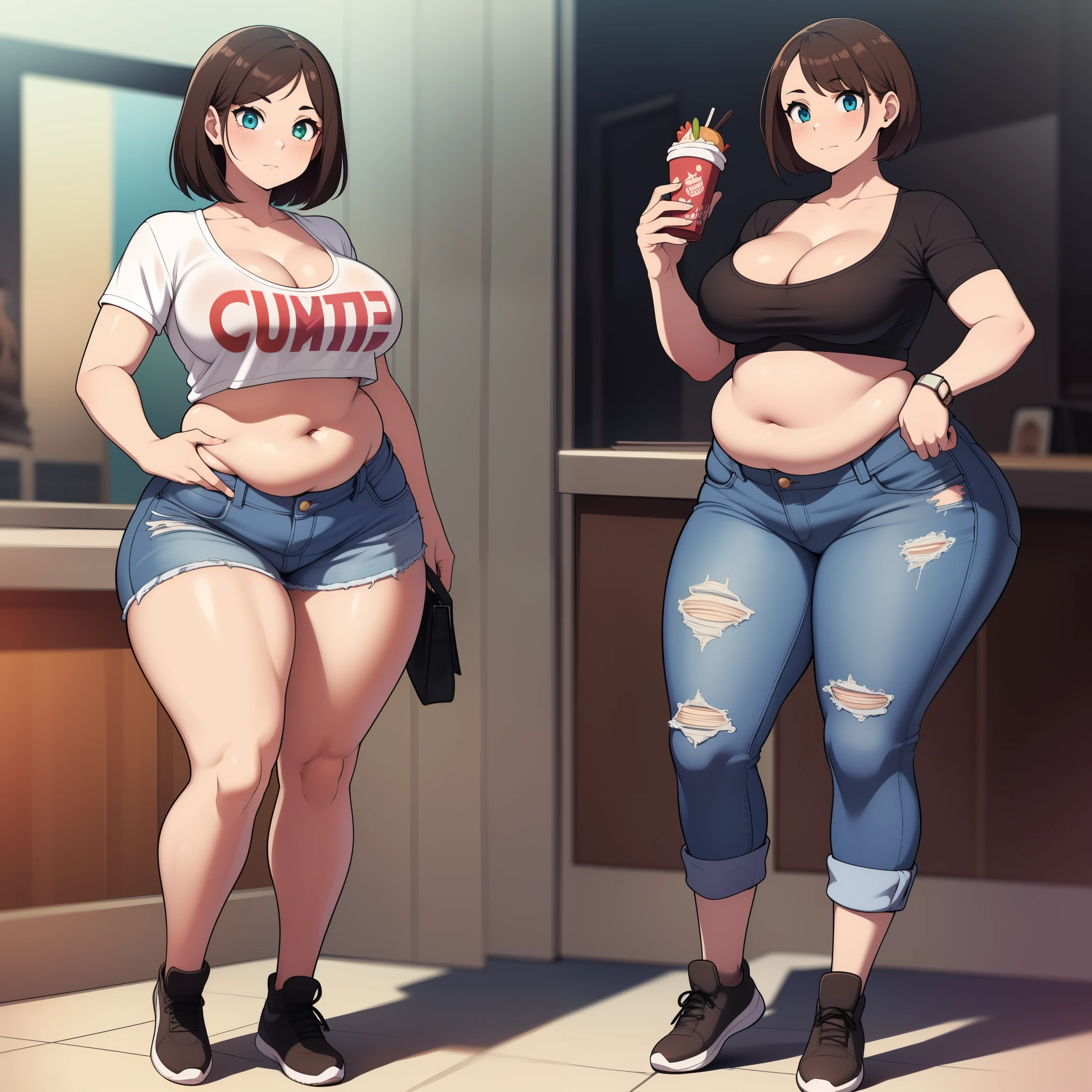 ((highres)), Masterpiece, high quality, best quality, beautiful, perfect lighting, detailed face, ultra cute face, ((3girls)), one girl has blonde hair, blue eyes, crop top and shorts, skindentation, one girl has brown hair, green eyes, jeans, white shirt, tight clothes, one girl has, Short black hair, brown eyes, crop top and shorts full body, fast food restaurant, medium breasts, cleavage, ((wide hips)), (thick thighs), ((plump)), plump belly, fat folds, standing,